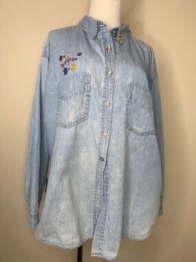 Vintage Bonjour Embroidered Chambray Jean Shirt Sz ? XL